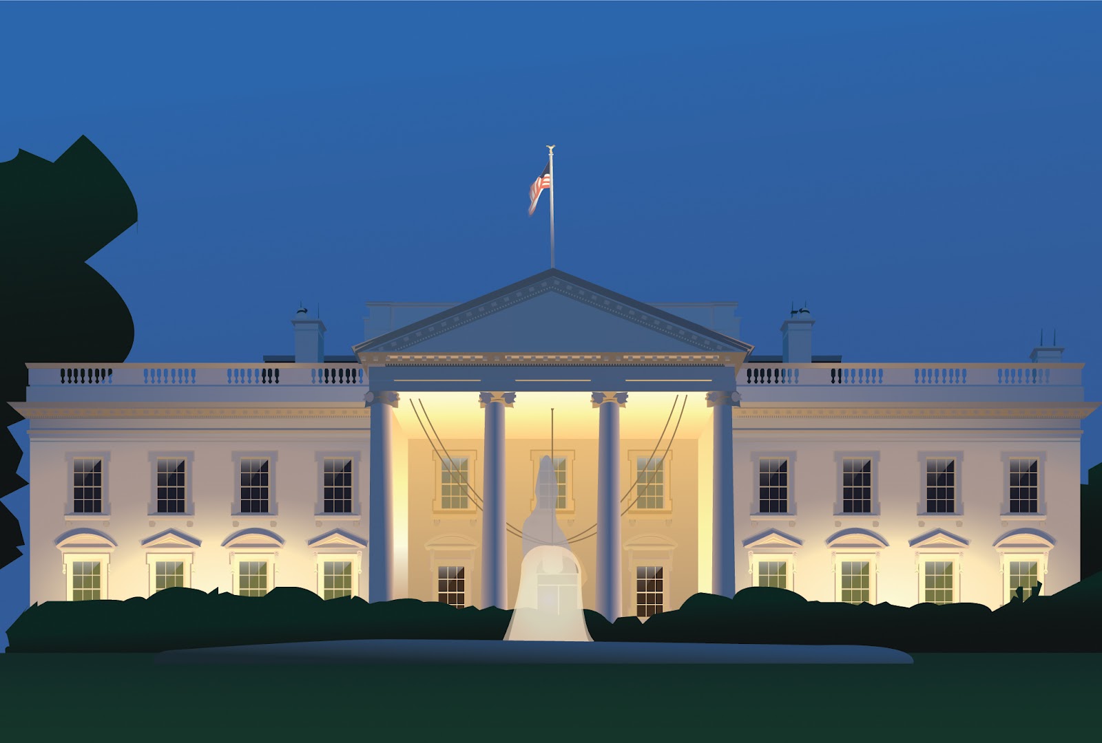 Illustration of the White House at night, featuring a bright exterior illuminated by lights. The American flag flies atop the building, with silhouettes of trees framing the scene.