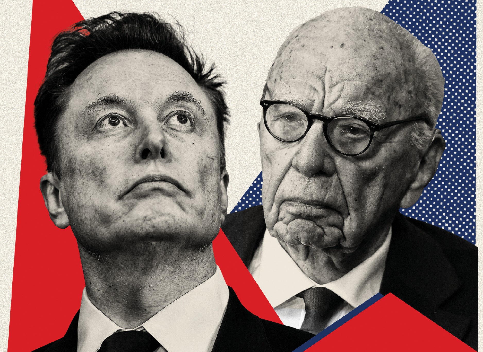Elon Musk & Rupert Murdoch in suits. Illustration is two men in suits, one younger with light skin and dark hair looking up, and one older with glasses, bald head, and light skin, shown in a stylized, high-contrast design with red and blue geometric shapes in the background.