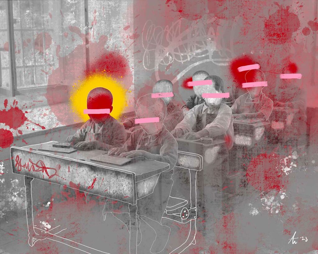 Artwork depicting students with obscured faces at desks, surrounded by a red, graffiti-like background.